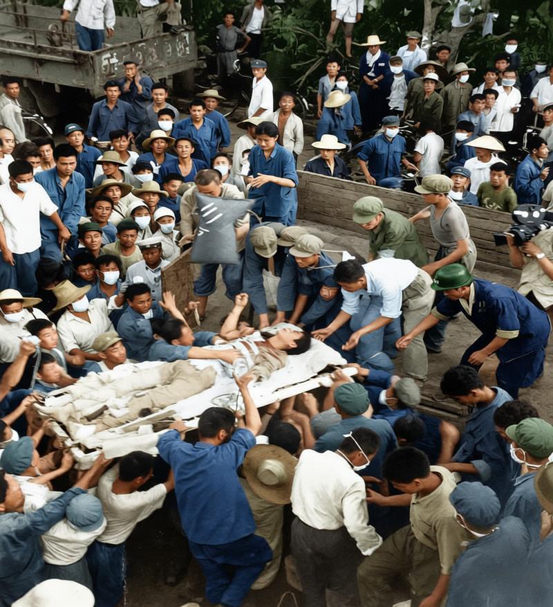 1976年8月5日（唐山地震震后第8天），担架上躺着刚被救出的青年矿工王树斌，身