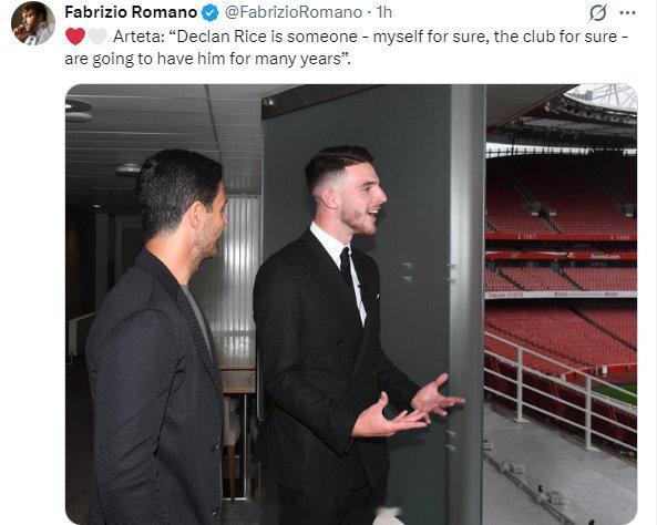 罗马诺更新社媒-阿尔特塔：“德克兰·赖斯是那种——我本人肯定这么认为，俱乐部也肯