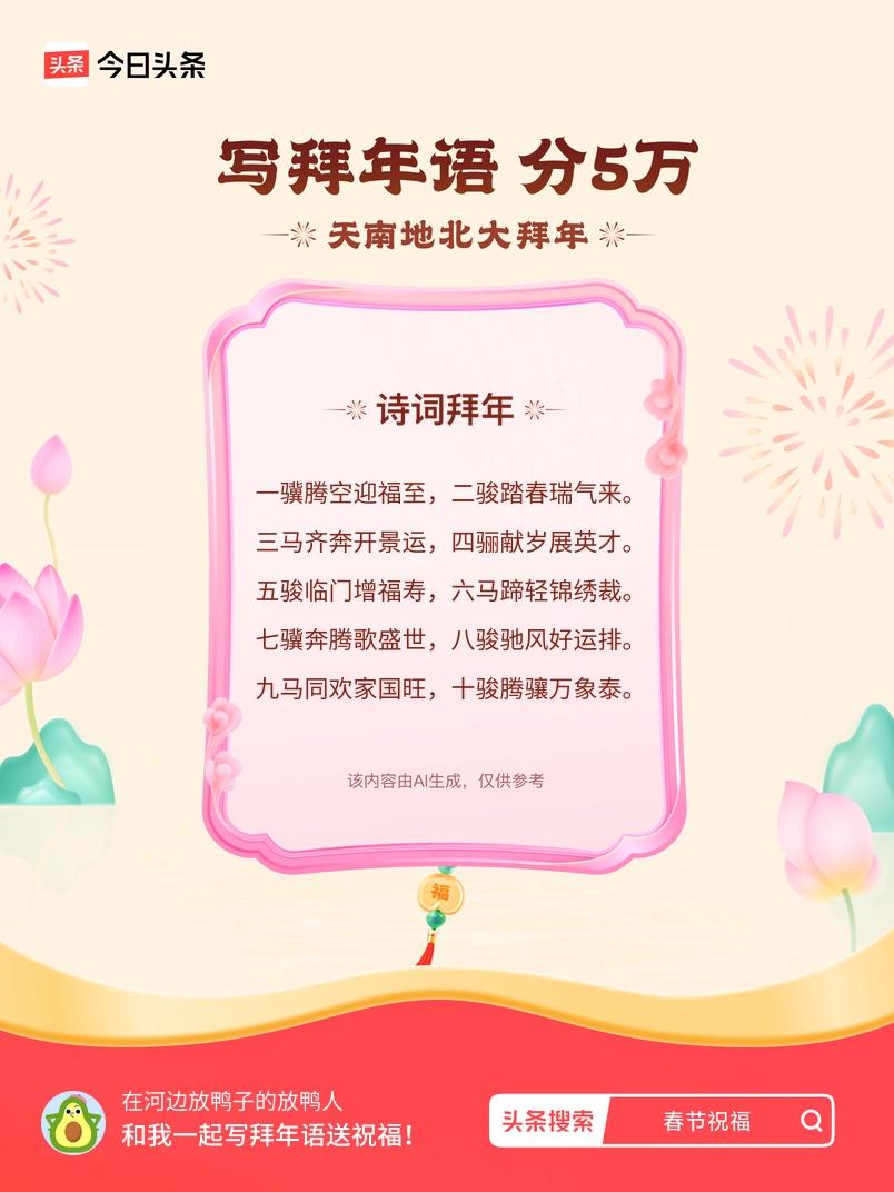 写拜年语送祝福新春拜年送祝福！我的祝福是：“一骥腾空迎福至，二骏踏春瑞气来。三马
