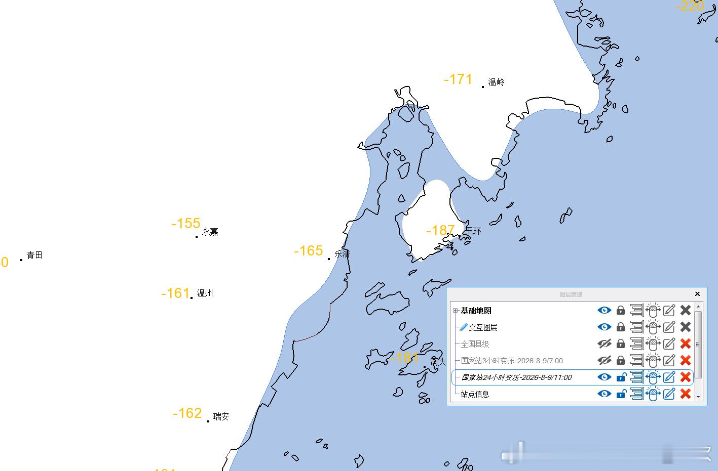 台风白海豚  从今天11时的变压看，浙江玉环依然是降压最明显的站点，其次为洞头和
