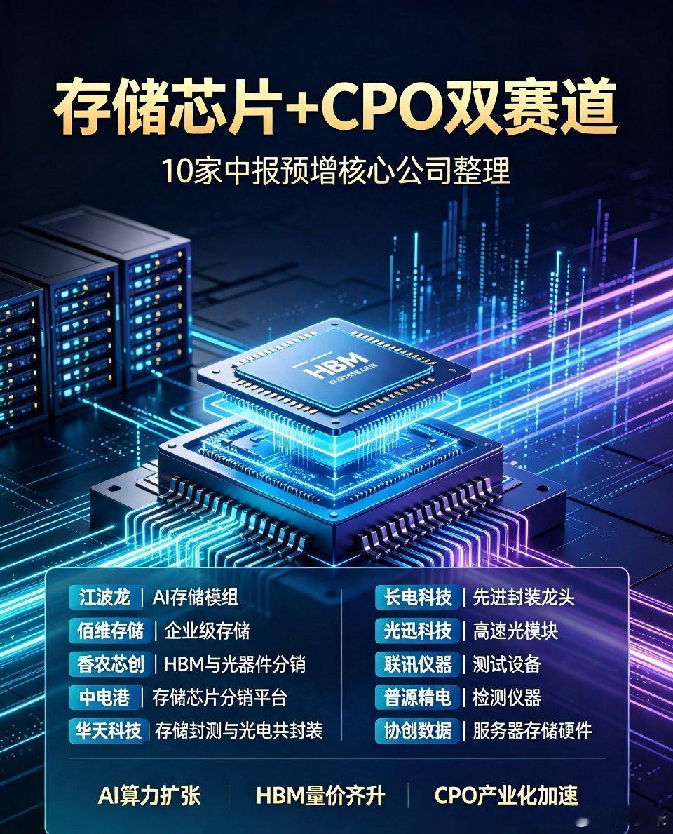🔥存储芯片+CPO双赛道｜10家中报预增核心标的整理存储芯片 CPO AI算力