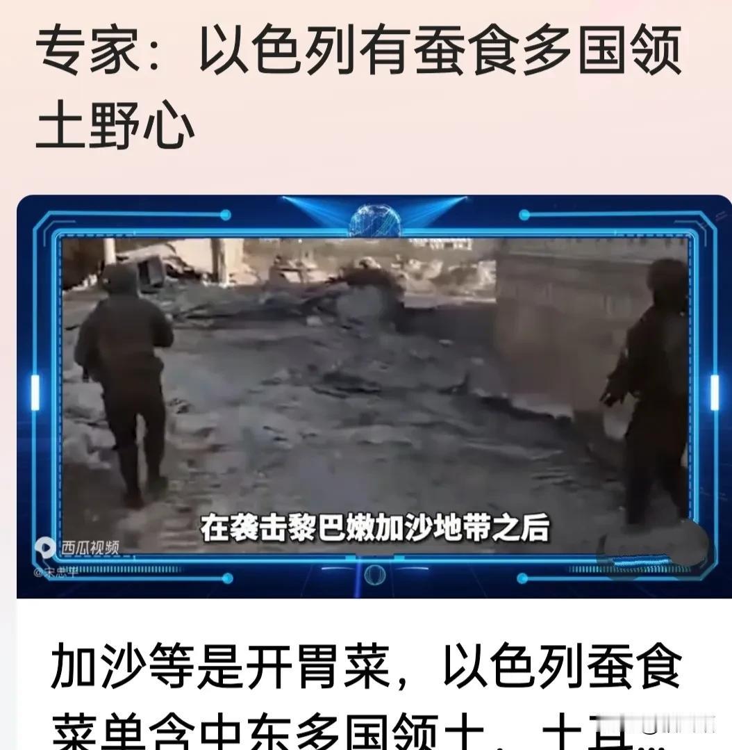 专家:以色列有蚕食多国领土的野心。
这句话不是废话吗？一直想蚕食别人领土的至少有