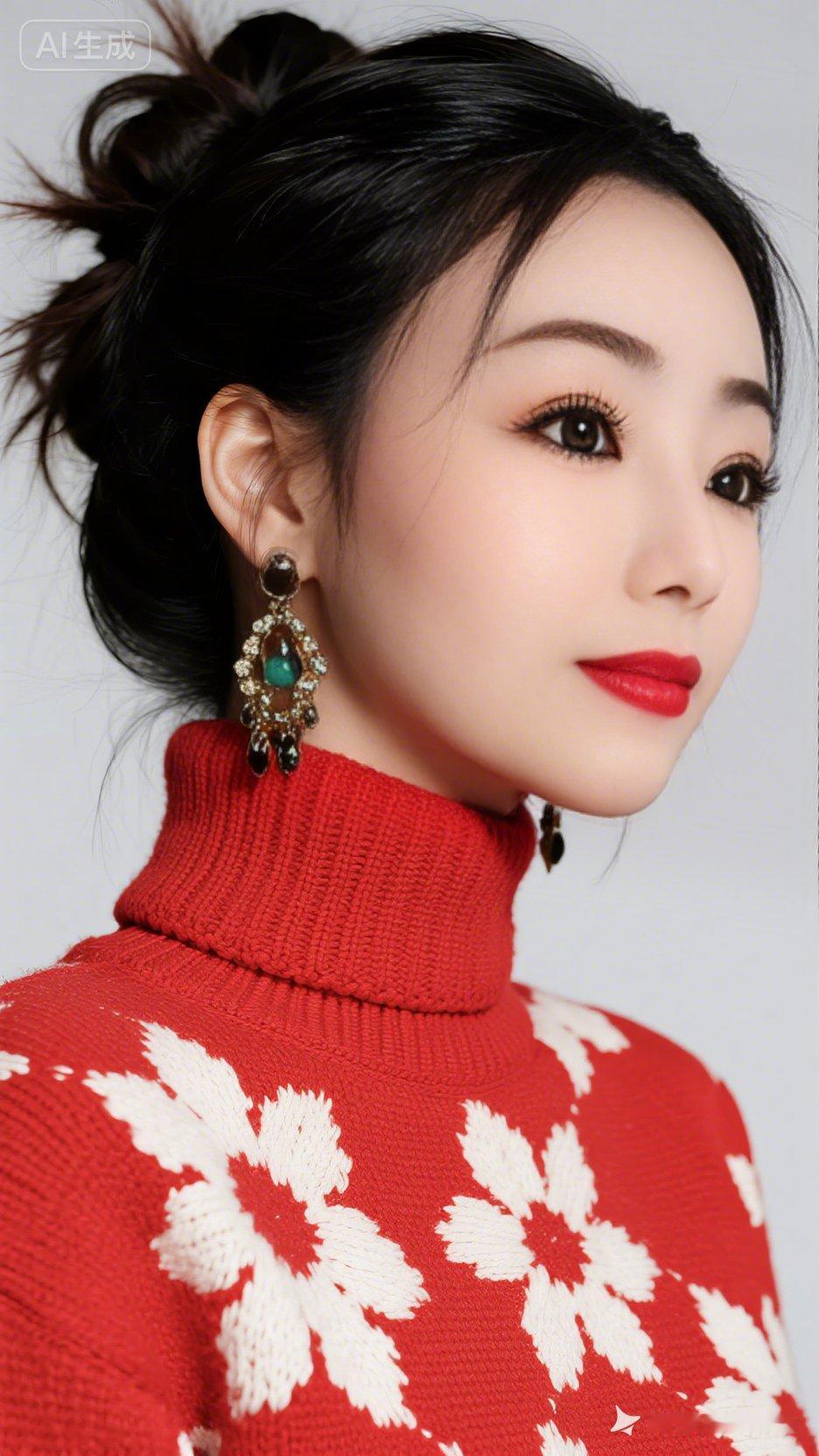 冬日暖阳下的红衣少女，复古耳环点缀，尽显优雅气质。