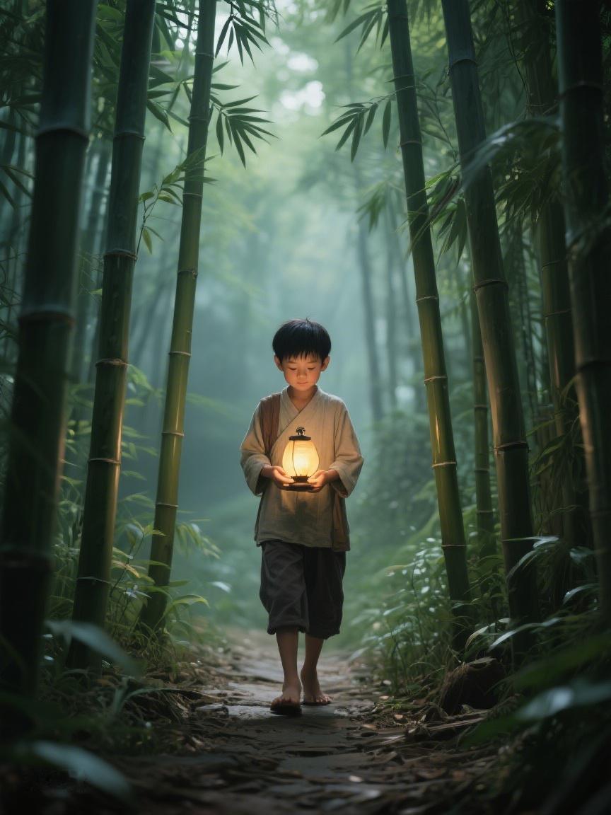 AI妙生图在竹影间穿行，那盏微光如星，似在探寻，尘世纷扰中，自有宁静一方天地✨