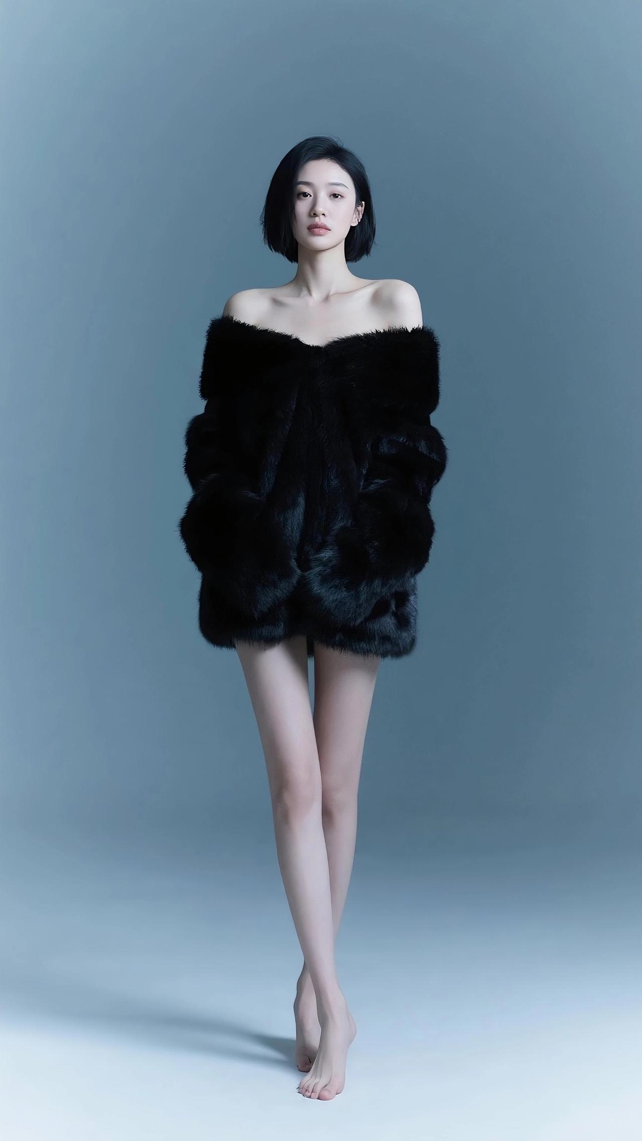 黑天鹅般的优雅，无肩带毛绒外套，尽显时尚魅力。