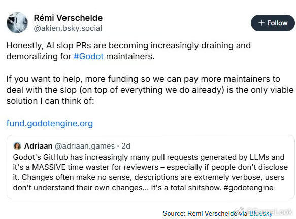 【游戏引擎Godot维护者哭诉：我们快被“AI人工智障”淹没了！网页链接】God