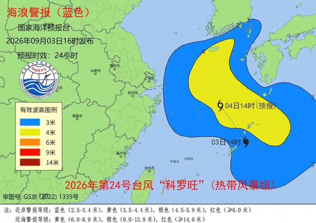 受台风“科罗旺”影响，东海将出现3到5米大浪到巨浪区。
 
国家海洋预报台9月4