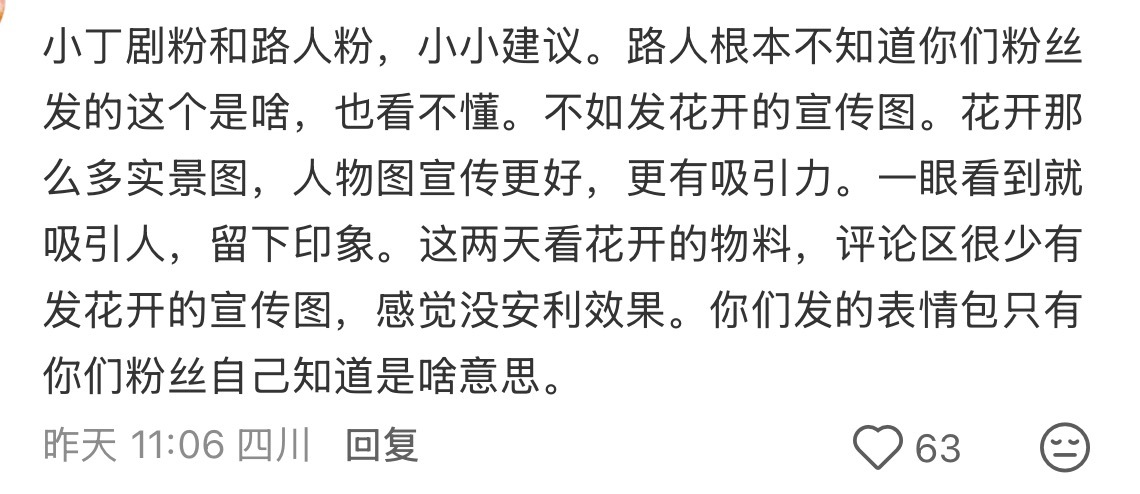 这个人说的也对，多发实景图和人物图宣传，有些人不混饭圈可能并不懂表情包的意思 