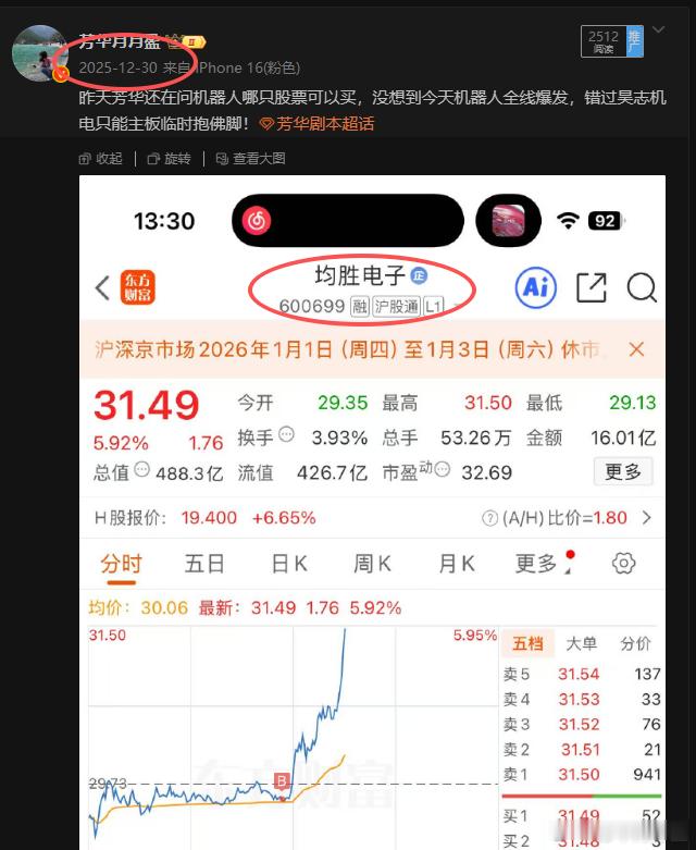 上周短线账户入的$均胜电子 sh600699$ 今天爆发啦，抄作业的宝子有福啦，