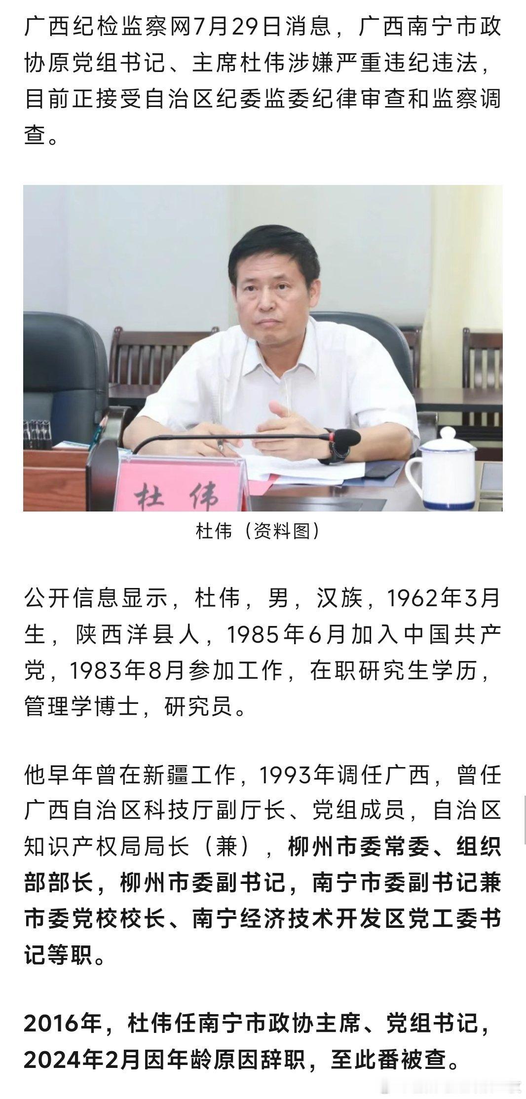 广西纪检监察网7月29日消息，广西南宁市政协原党组书记、主席杜伟涉嫌严重违纪违法