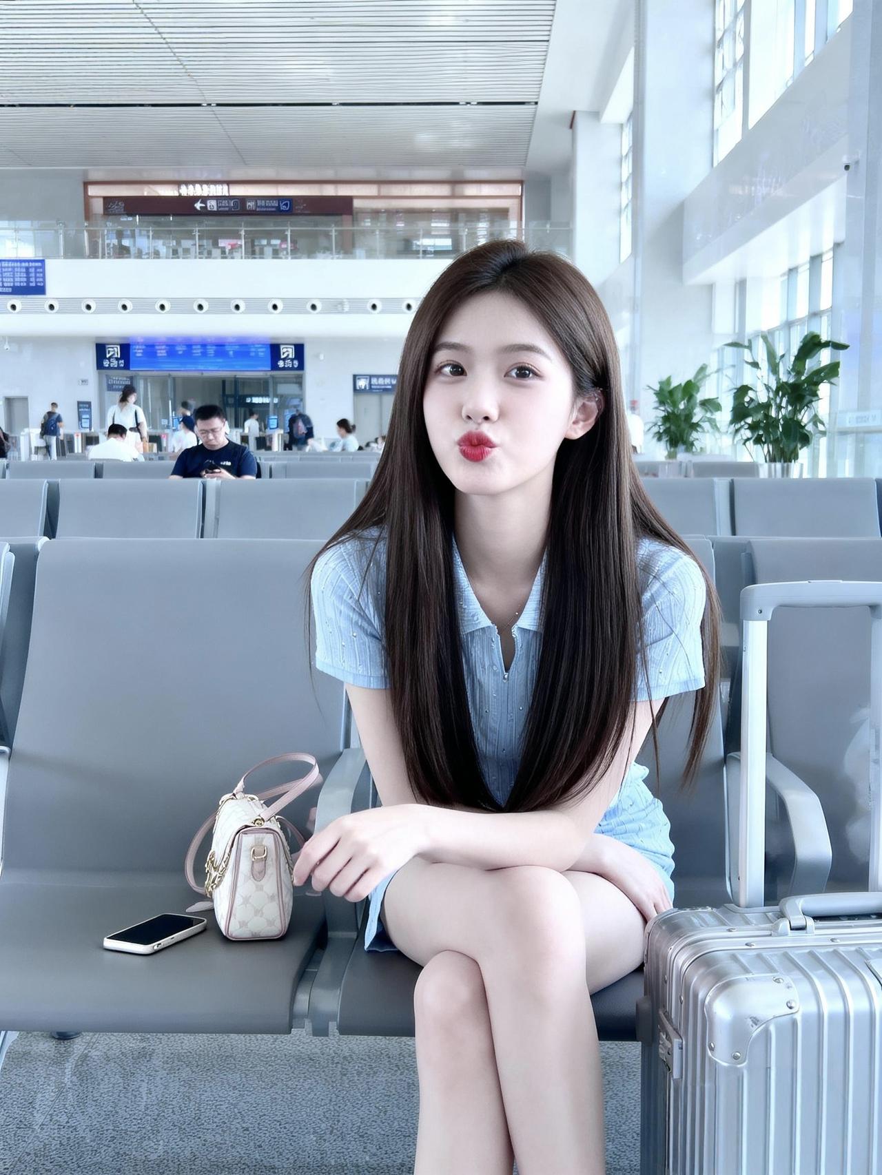 机场候机室的甜美少女，行李相伴，静待航班