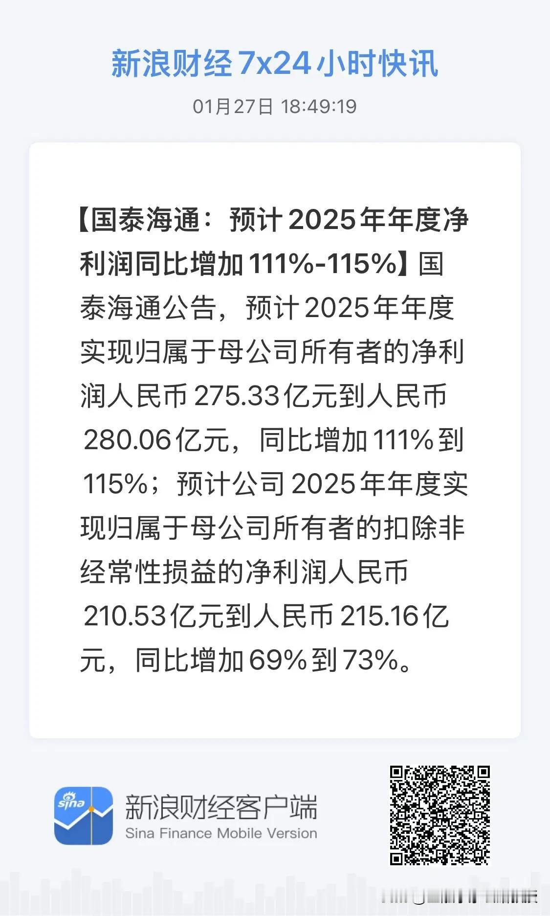 看看国泰和海通合并之后多么漂亮的业绩!国泰海通净利润暴增111%-115%，这也