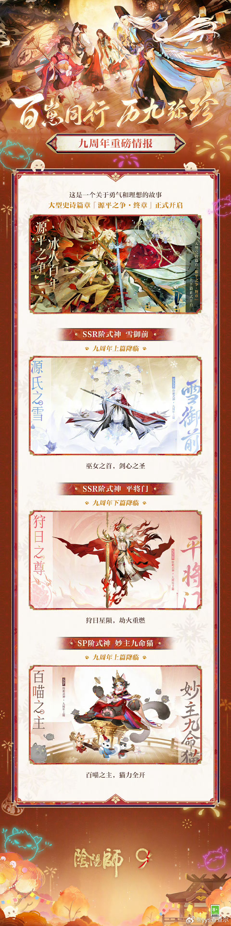 阴阳师手游[超话]超话创作官游戏百科 【阴阳师9周年】福利总结：■主线推进，分上
