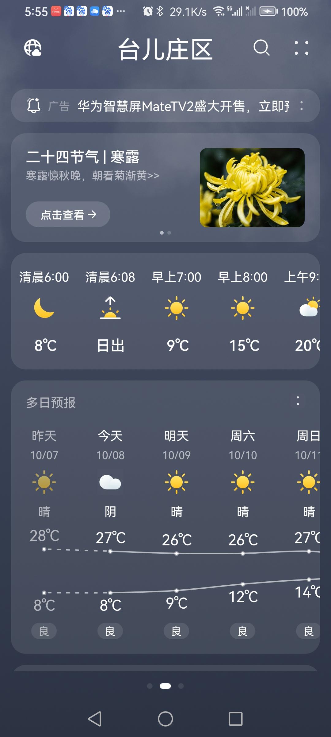 “10.8”周四。十.—假期结束，天气预报“阴”，气温8—27度