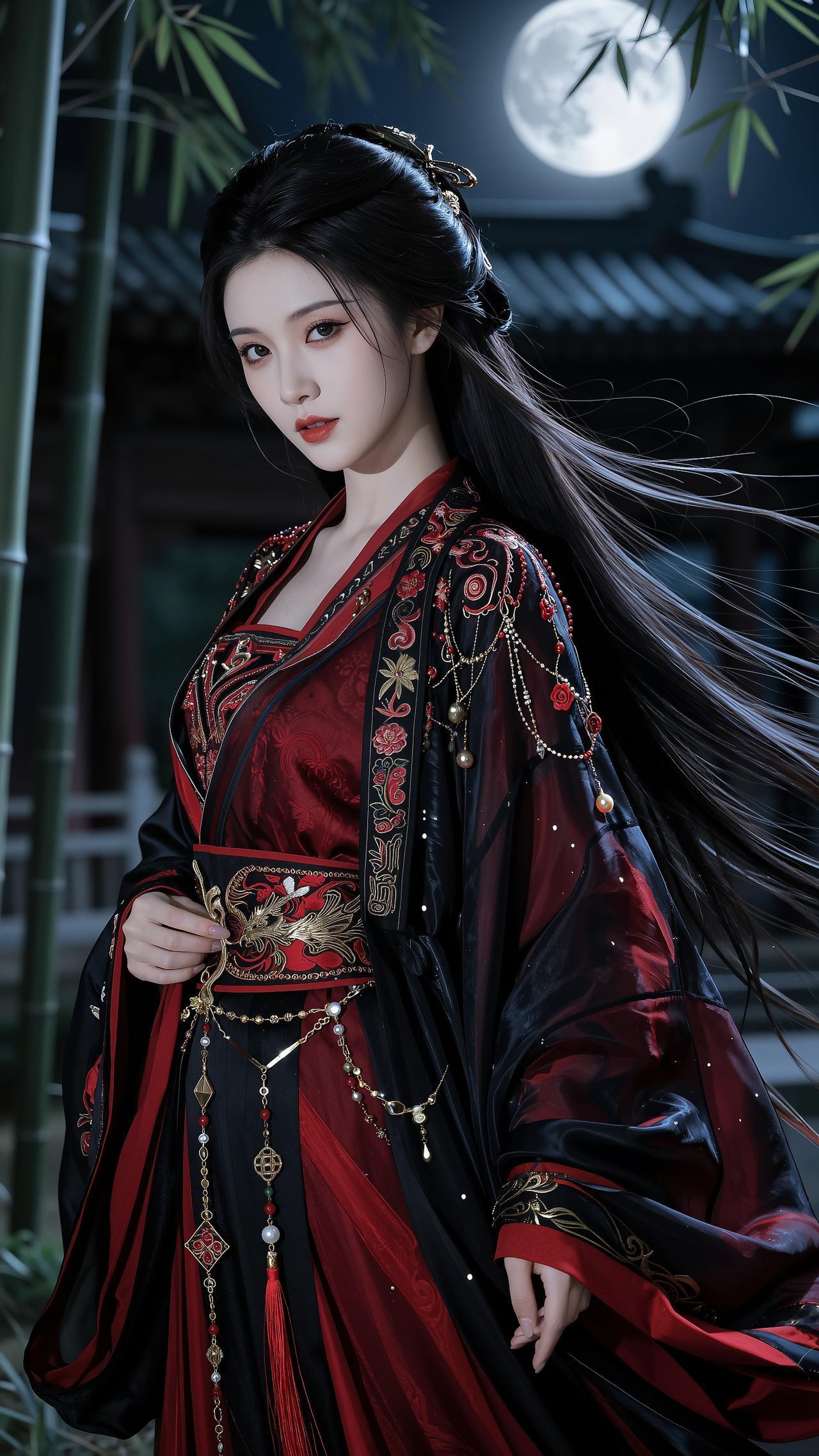 真的被这组古风美人惊艳到了！一身墨色为主、暗红点缀的广袖汉服，搭配暗金刺绣，既有