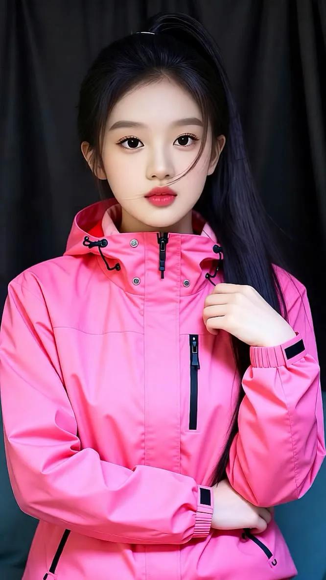 元气少女穿搭指南💗粉色运动外套+黑色长发，青春活力满满！街拍 高清美女