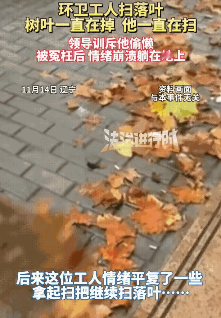 11月14日，辽宁。大叔一直在扫，但树叶一直在落，领导就错怪大叔偷懒，自己明明没