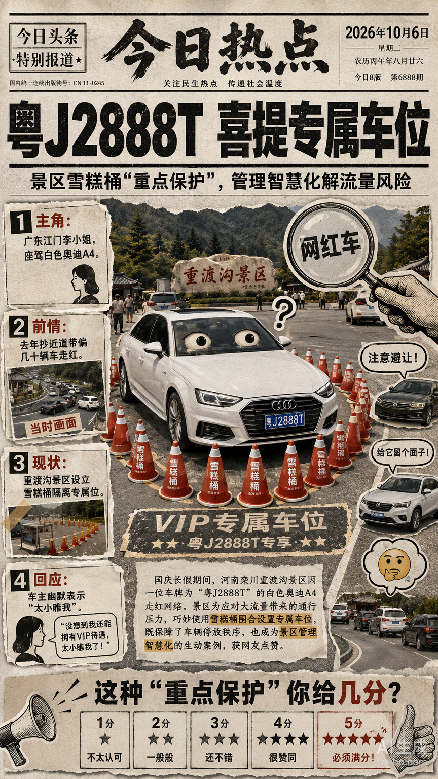 粤J2888T的车主李小姐这次去重渡沟，景区直接给安排了个被雪糕桶围起来的“专属