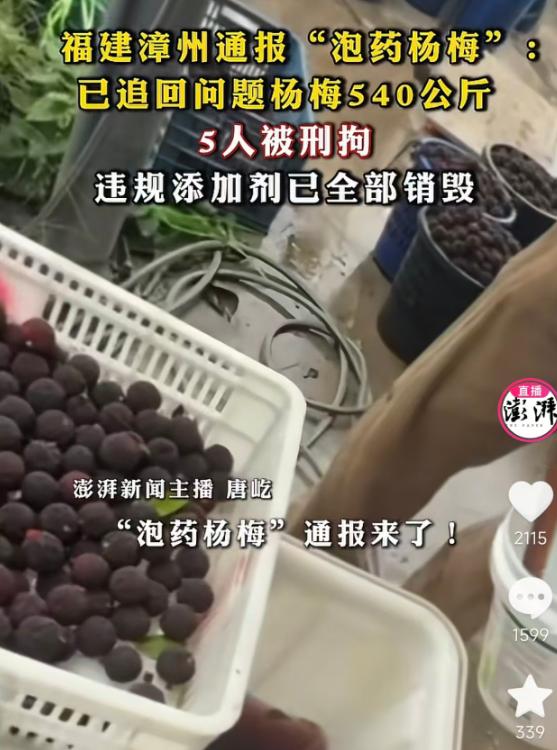 5月20日通报，福建漳州“泡药杨梅”事件有了处理结果，此前媒体曝光当地部分收购点