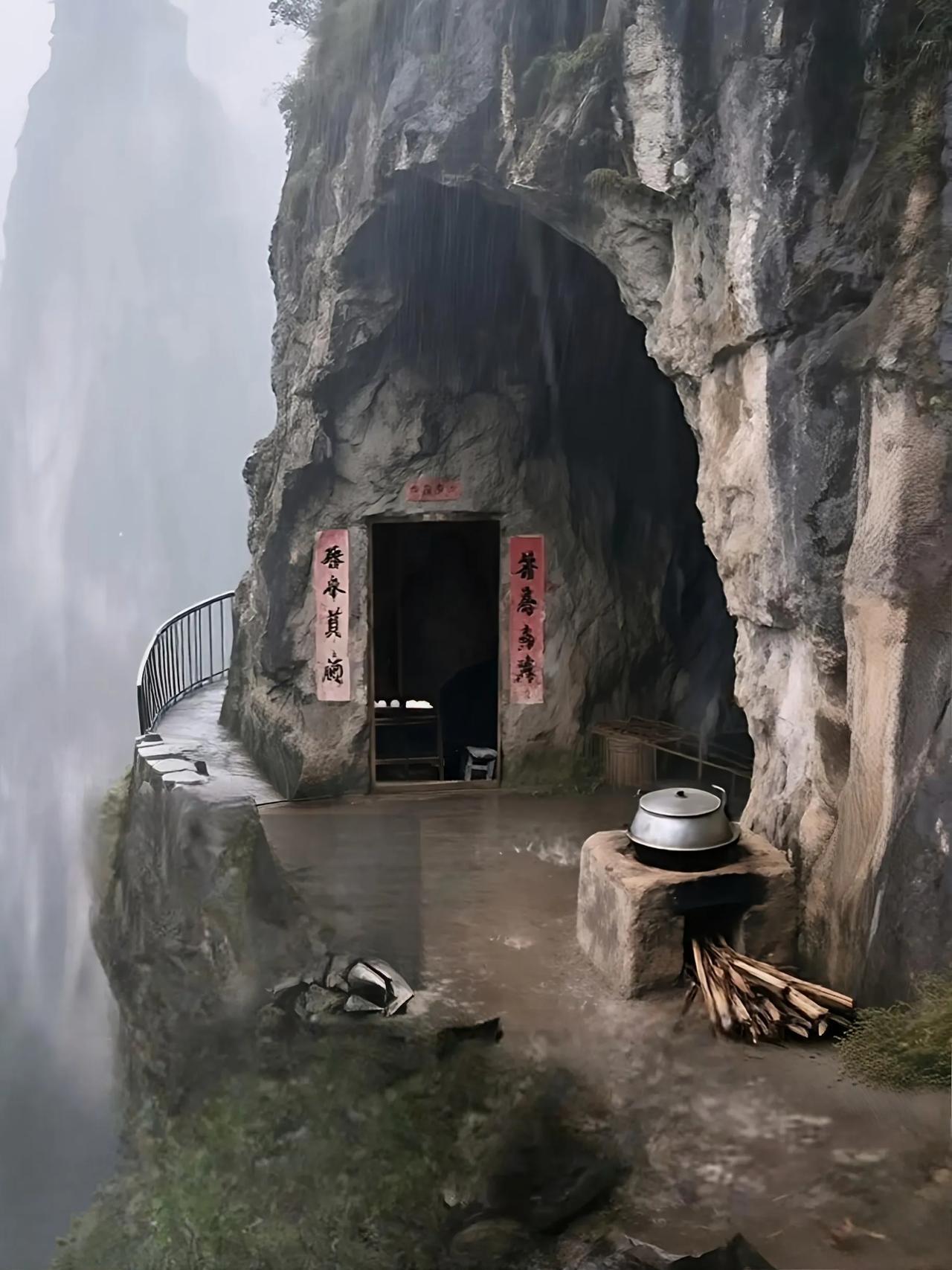 隐藏在悬崖上的一个山洞，洞里还居住有一户人家，都是纯手工打造的悬崖屋，是怎么在这