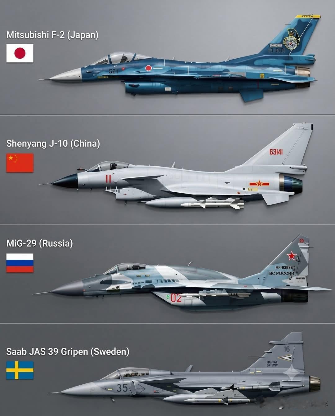 🇯🇵🇨🇳🇷🇺🇸🇪 一组并列对比图，展示4款全球知名的战斗机。