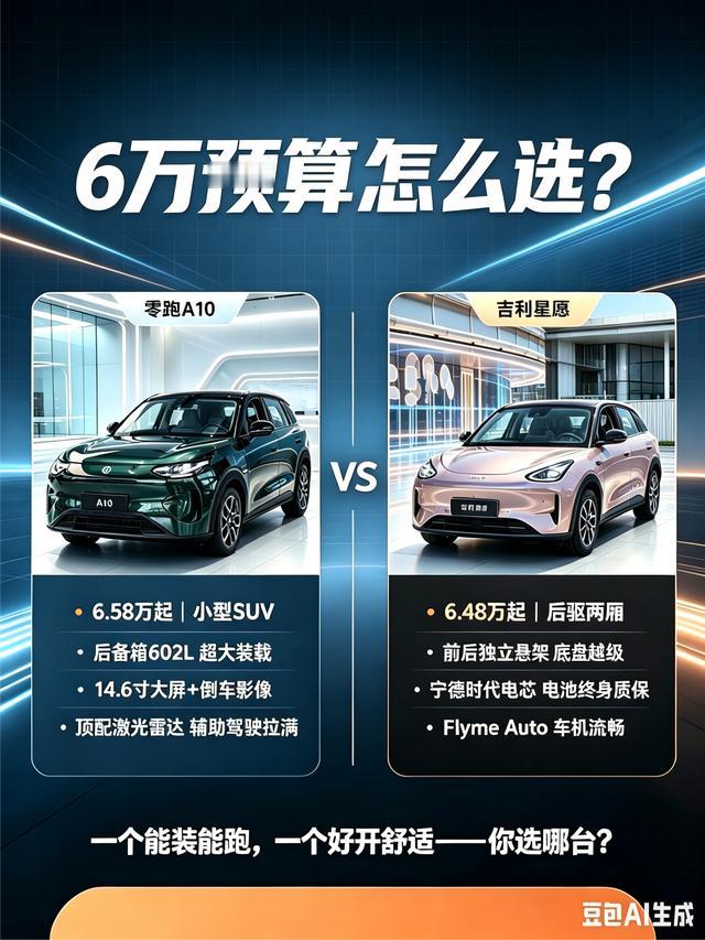 6万左右的预算，零跑A10还是吉利星愿？
手里攥着6万出头想买车，这两台大概率会