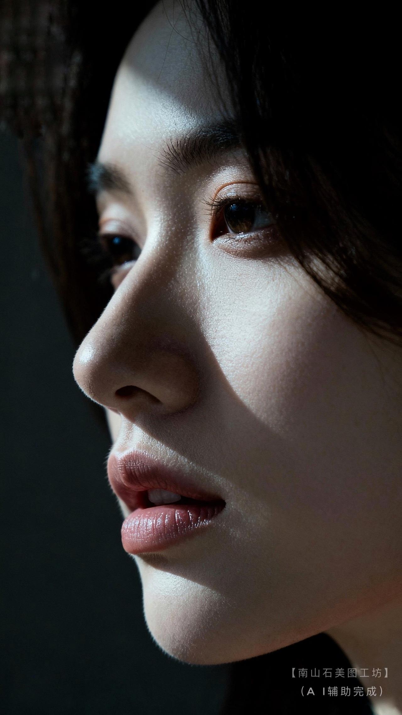 光影裁出侧颜棱线，眉眼盛星芒，唇似粉樱轻启。发丝曳动暗调温柔，静时如诗沉淀，动处