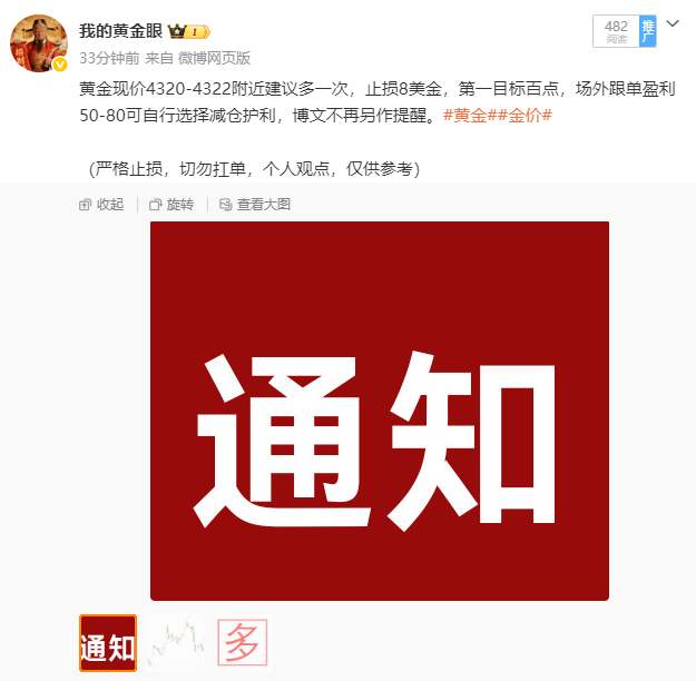 今日微博的第一张成绩单已出，现价布局4320附近的多单行情回调到4332位置，拿