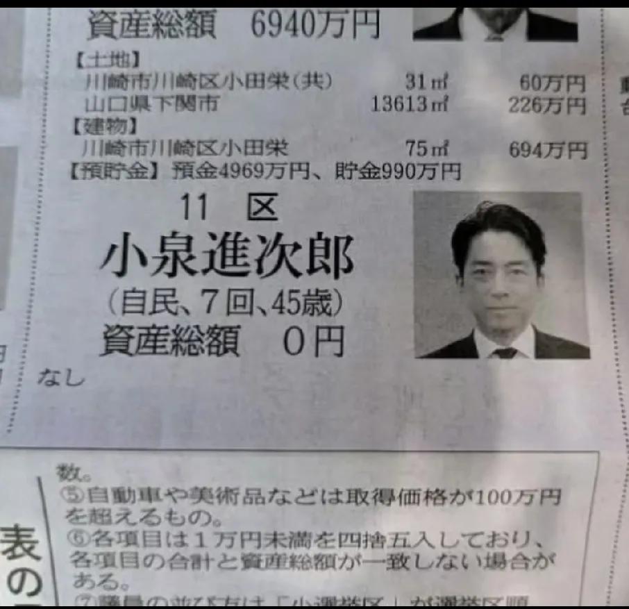 不仅仅是小泉进次郎，日本众议院465名议员，20%都申报零资产。
是日本的议员都