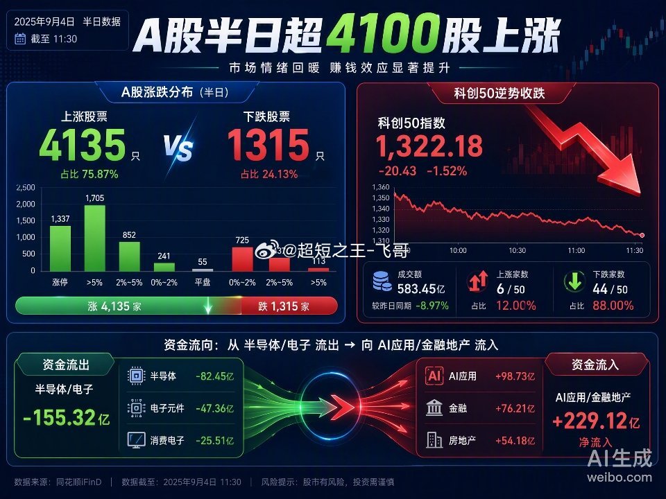 9月4日早盘，A股超4100只个股上涨，但三大指数高开后涨幅收窄，呈现典型的“个