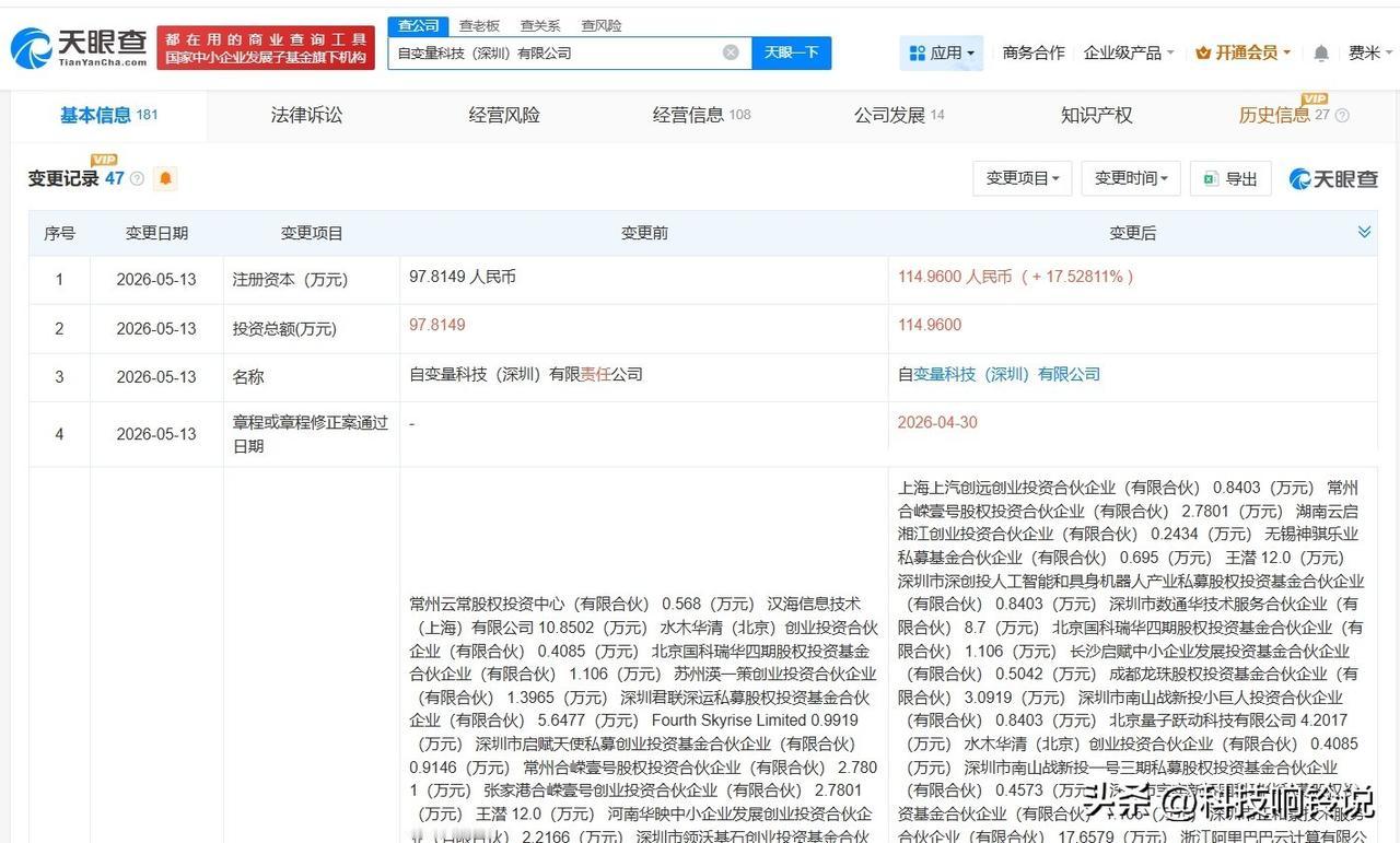 【字节跳动、上汽等入股自变量机器人】
天眼查App显示，近日，自变量机器人关联公