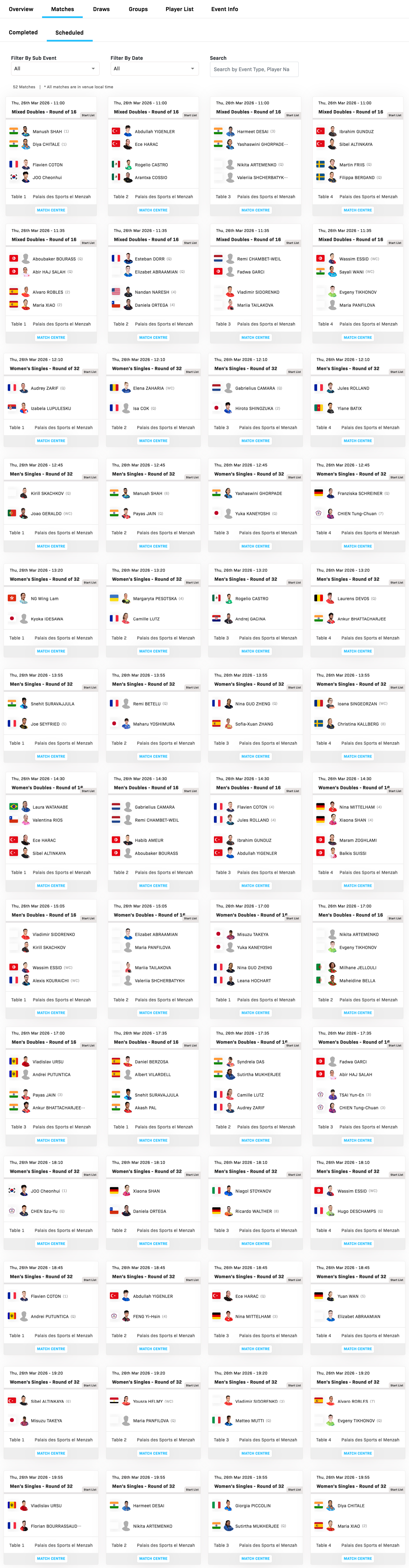 WTT常规挑战赛突尼斯站丨3月26日全日赛程北京时间=图上时间+7小时 