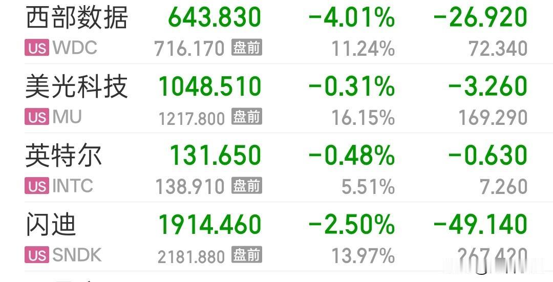 美股盘前，
存储芯片集体大涨。
美光科技目前涨16%，
闪迪目前涨近14%，
西
