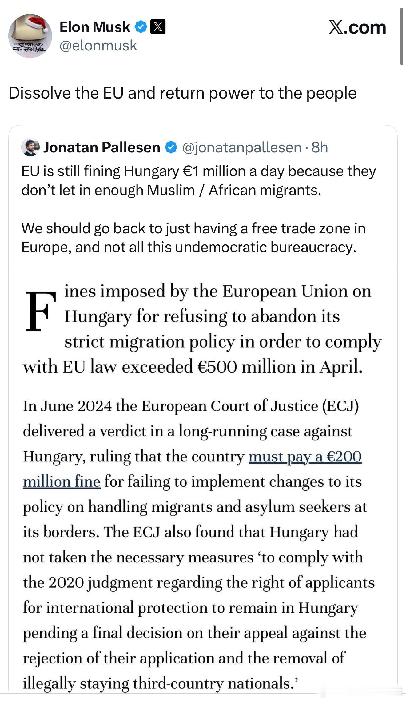 马斯克刚刚：解散欧盟，把权力归还给人民。 