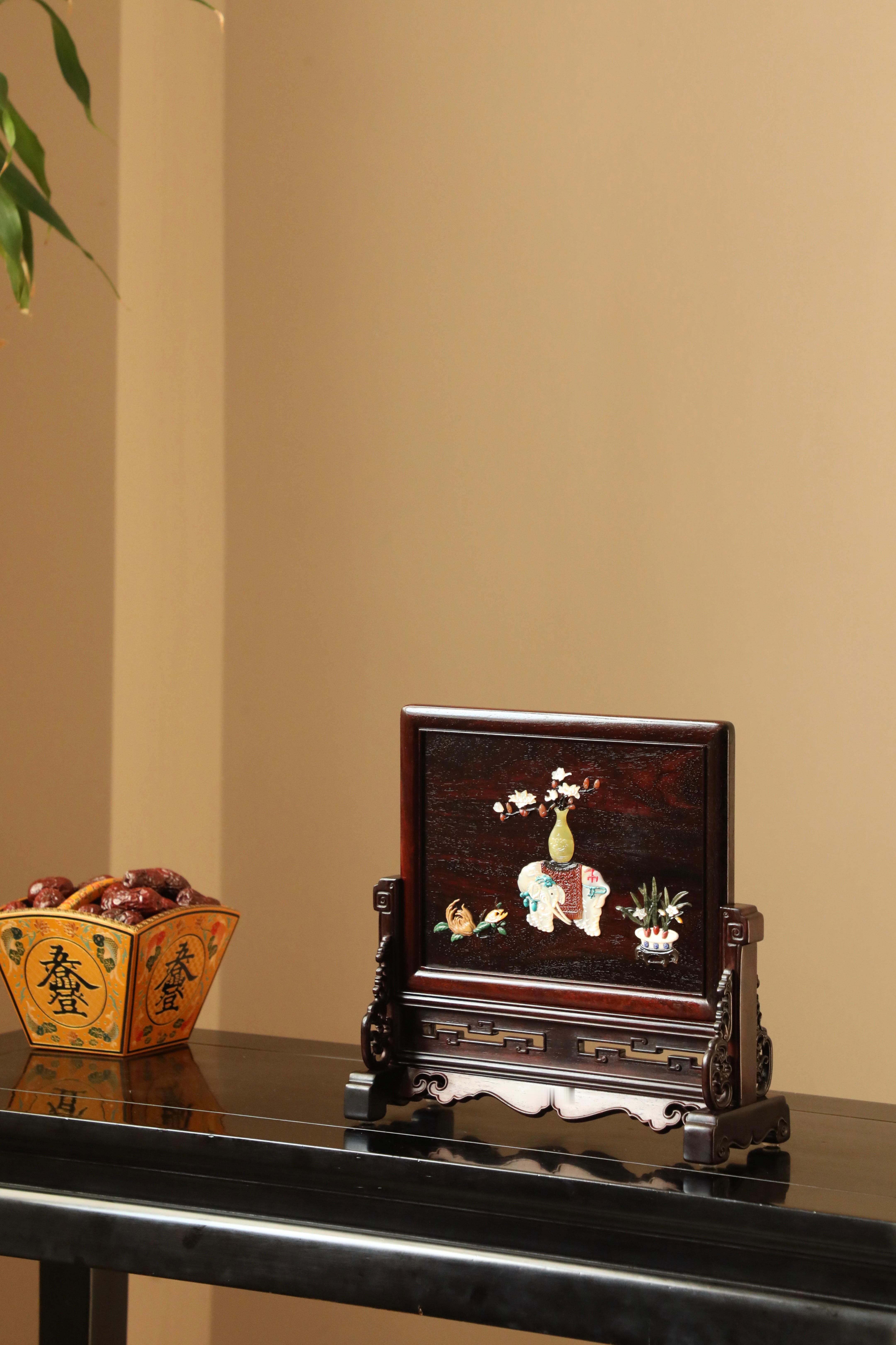 小叶紫檀百宝嵌 | 太平有象 案屏老料榫卯工艺，正面百宝镶嵌太平有象图，背面描金