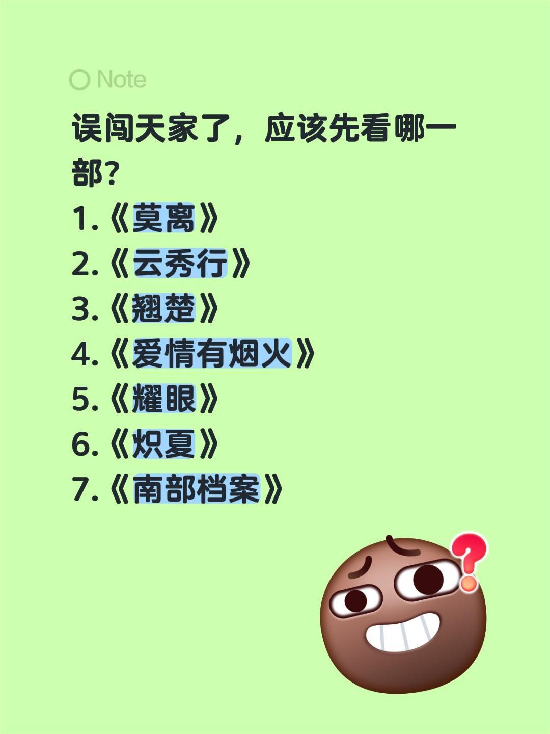 误闯天家了，应该先看哪一部？
1.《莫离》
2.《云秀行》
3.《翘楚》
4.《