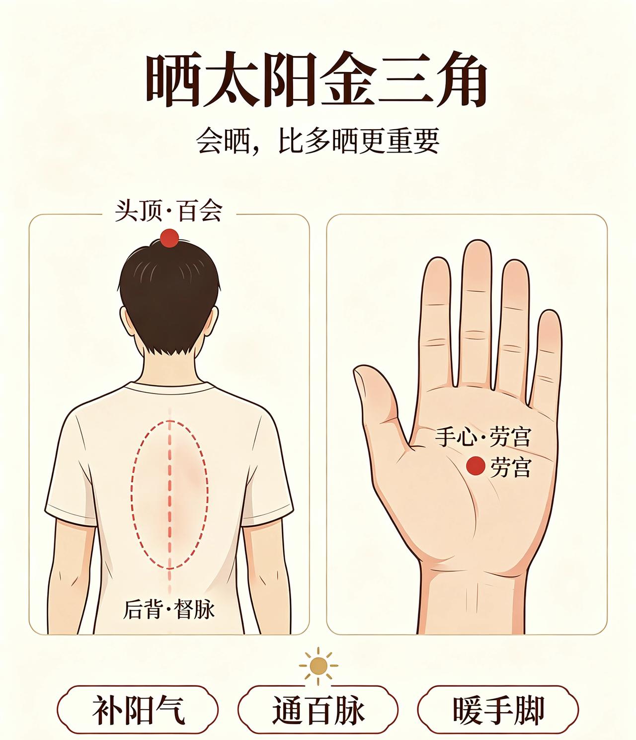 晒太阳,哪几个部位最关键?

晒太阳想效果好，认准三个“金三角”部位就行，不用脱