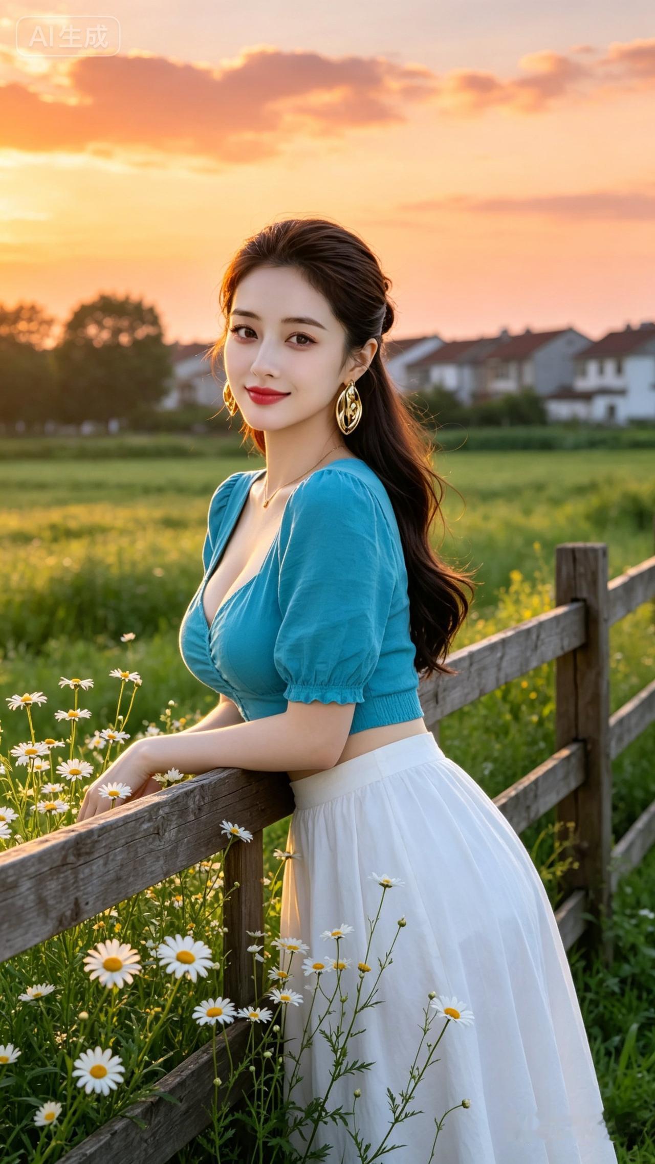 夕阳下，她靠在木栅栏边，笑容甜美。