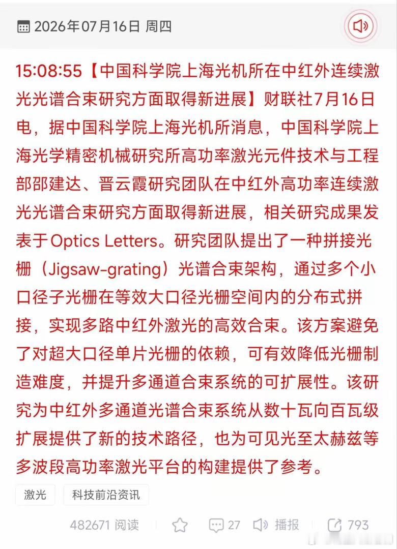 盘后利好！重磅技术突破！上海光机所攻克中红外激光合束难题，激光产业迎来升级新路径