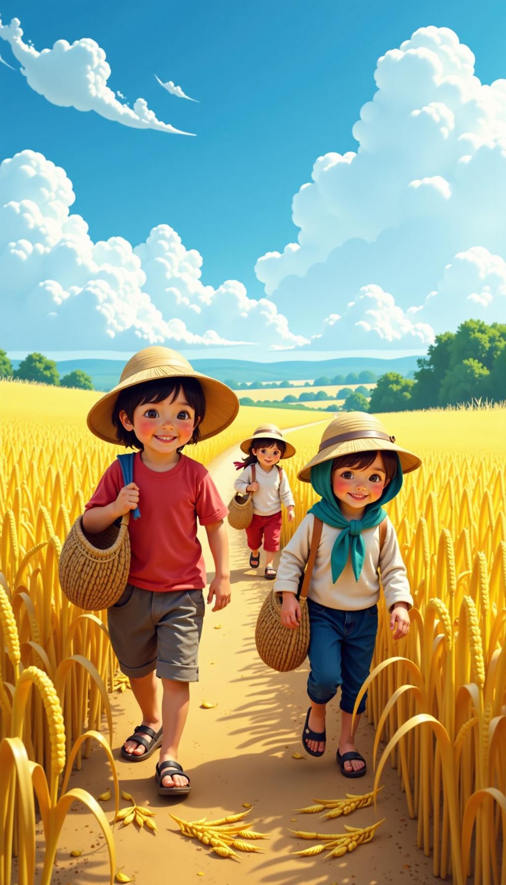 稻穗之美金色稻田中，一群孩童手提竹篮，欢快地跟在大人身后，专注地弯腰采摘金灿灿的