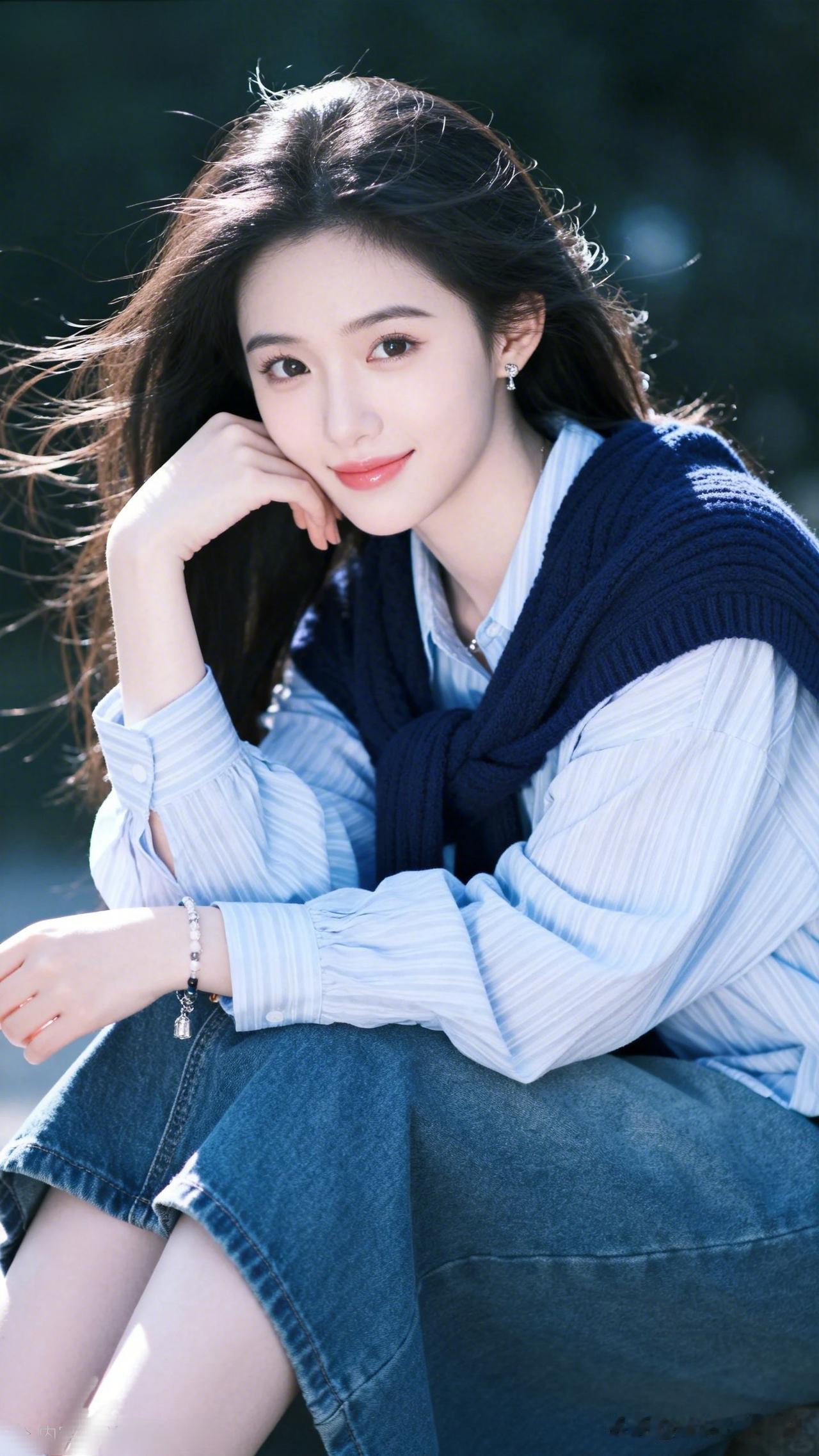 阳光下的温柔少女，蓝白相间的毛衣，散发着清新自然的气息。