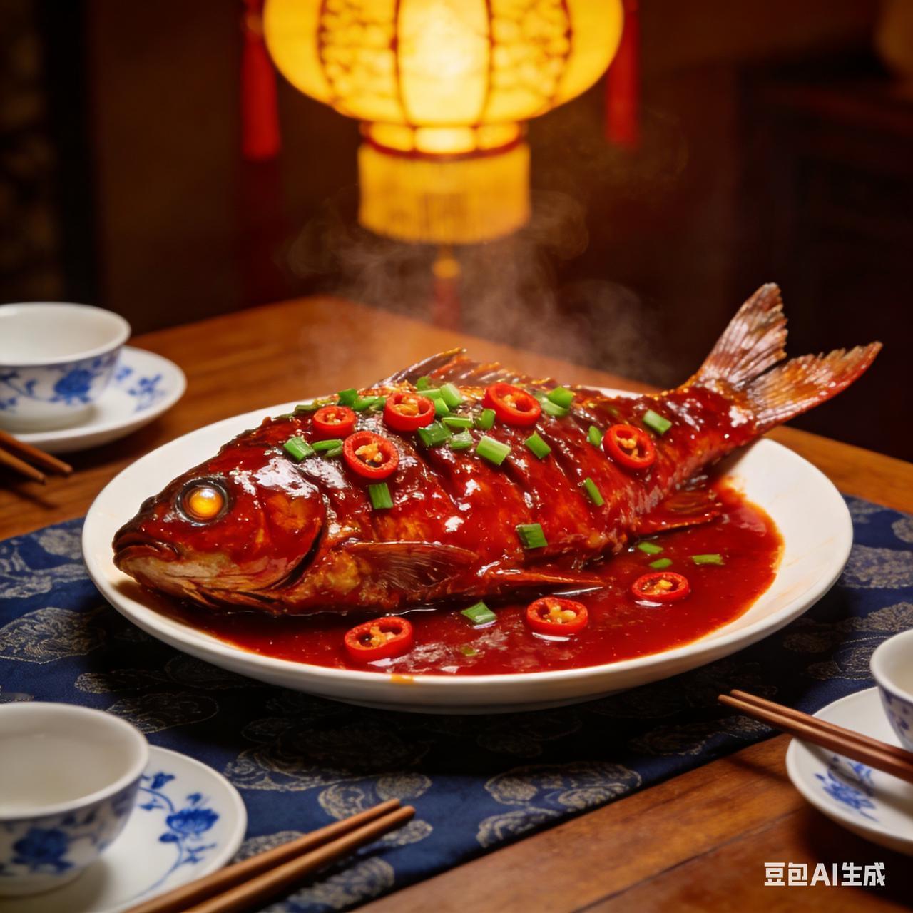 每年年夜饭，我家餐桌一定少不了红烧鱼。新鲜的鱼煎至两面金黄，淋上秘制酱汁，小火慢