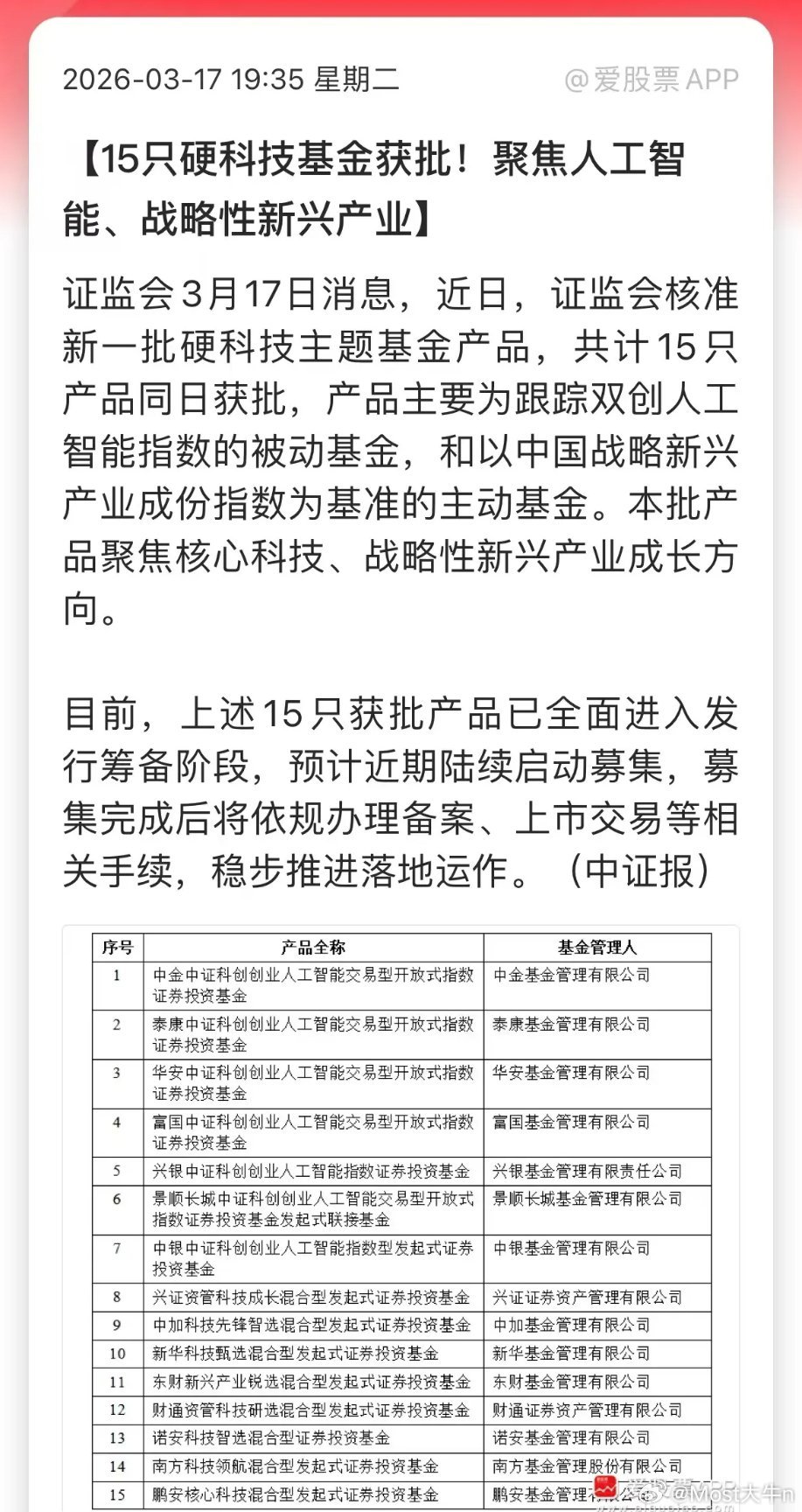 今晚科技的利好，证监会一下批了15只硬科技类基金。其中，包括7只被动指数型基金，