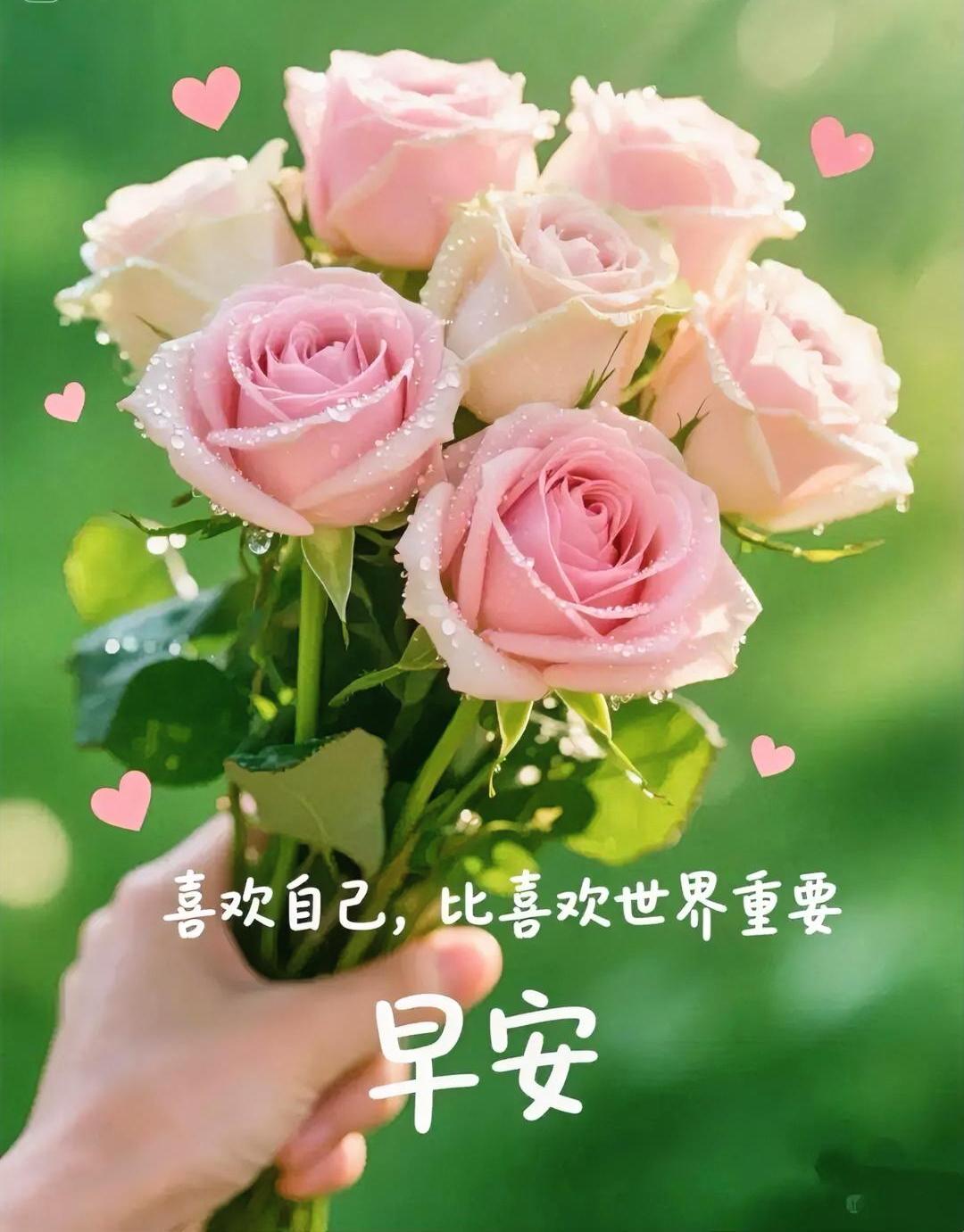 手捧晨露玫瑰，温柔治愈每一刻。喜欢自己，比喜欢世界重要。早安！