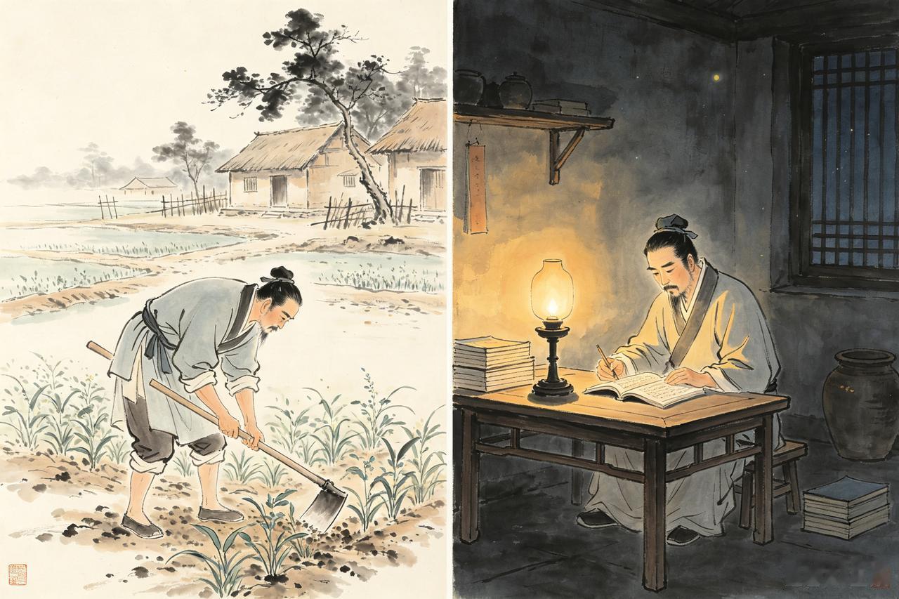 上联：日想金，夜想银，难道钱财不由人；
下联：早读诗，晚读词，要知学问靠勤奋。