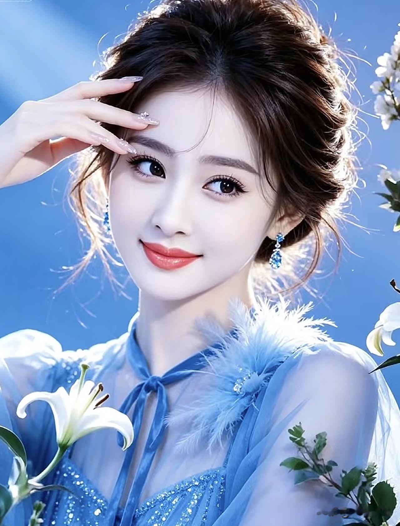 梦幻蓝裙少女，优雅动人，花海中的仙子紫色花海少女 紫色梦幻少女 梦幻蓝裙造型 紫