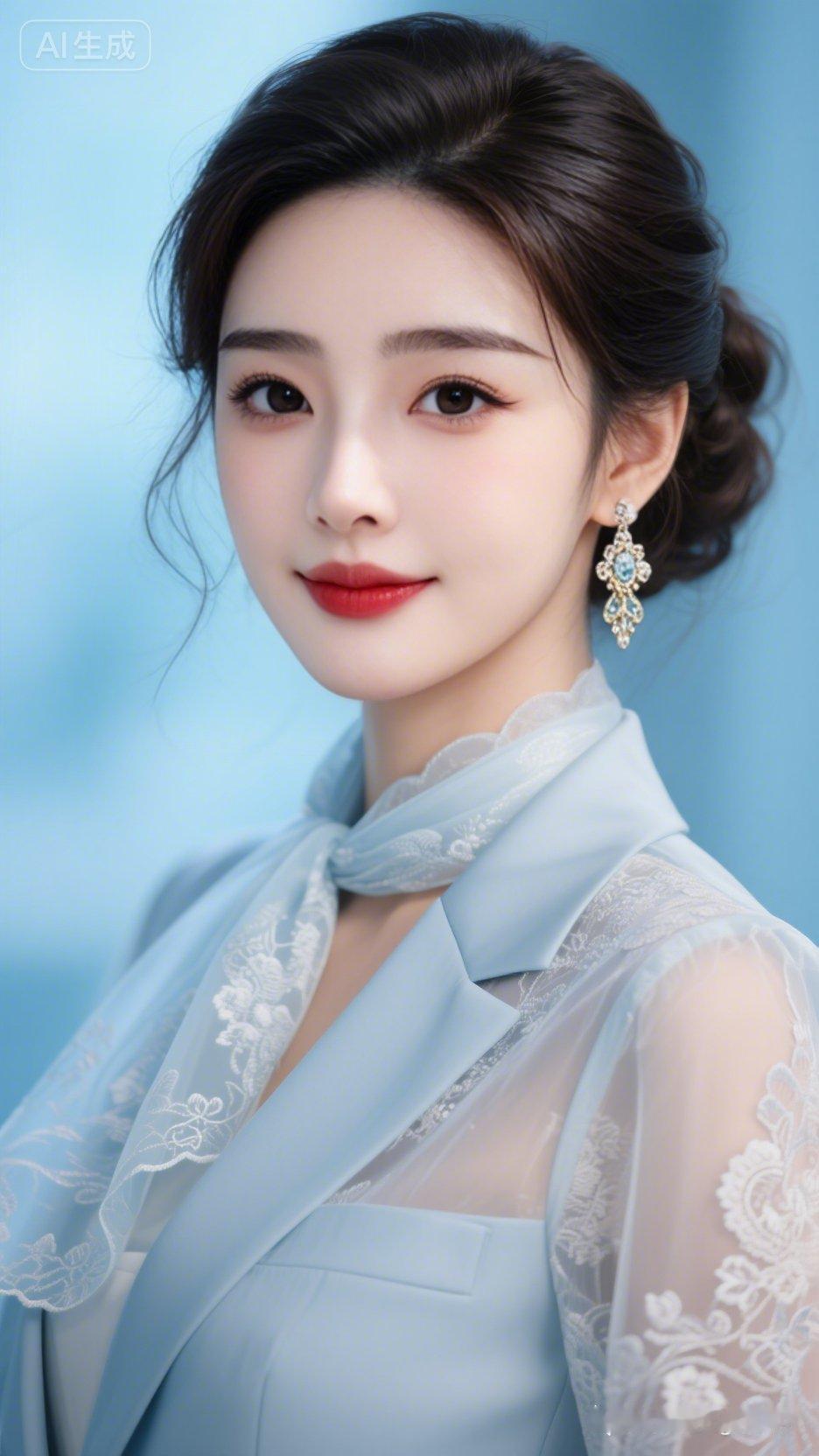 绝色佳人浓妆精致，职场套装干练优雅，透明绣花丝巾柔美。微乱盘发富有光感，大眼睫毛