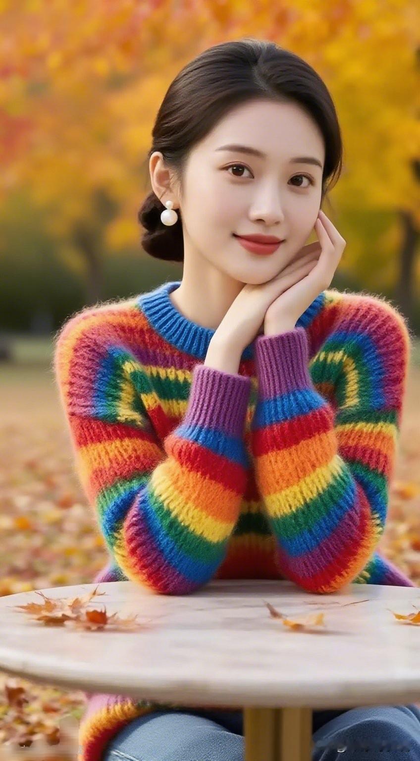 秋日暖阳下，彩虹毛衣少女，微笑如画。分享你最喜欢的照片