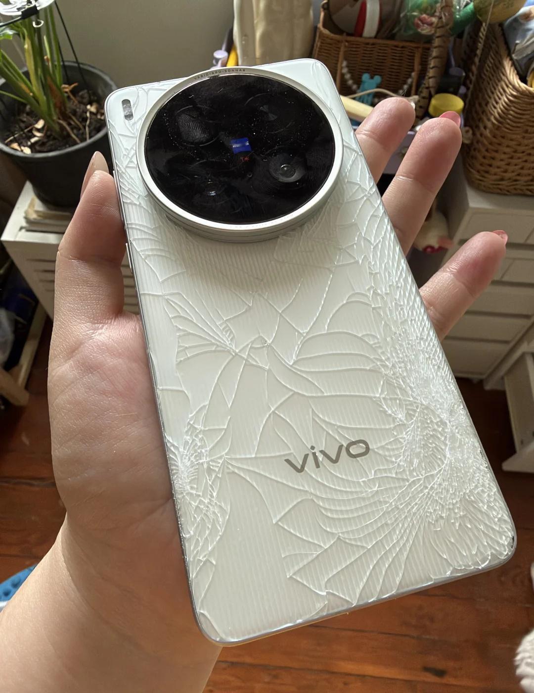 vivo原装手机壳大壁垒
手机壳拿下来发现后盖已经碎成渣渣，啥时候磕的都不知道[