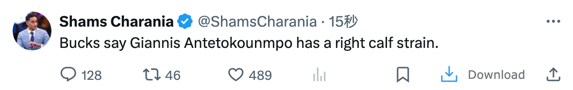 密尔沃基雄鹿队公布，扬尼斯·安特托昆博右小腿拉伤（right calf stra